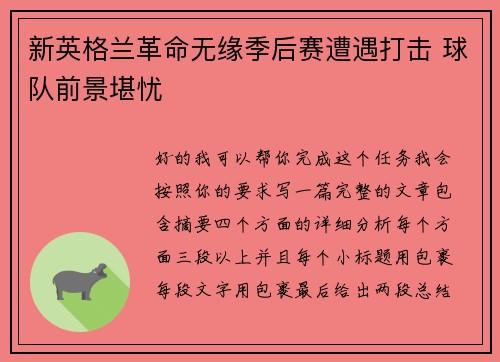 新英格兰革命无缘季后赛遭遇打击 球队前景堪忧
