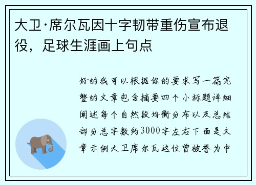 大卫·席尔瓦因十字韧带重伤宣布退役，足球生涯画上句点