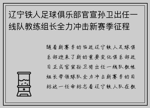 辽宁铁人足球俱乐部官宣孙卫出任一线队教练组长全力冲击新赛季征程