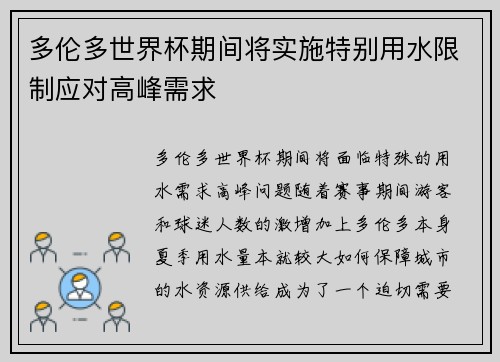 多伦多世界杯期间将实施特别用水限制应对高峰需求
